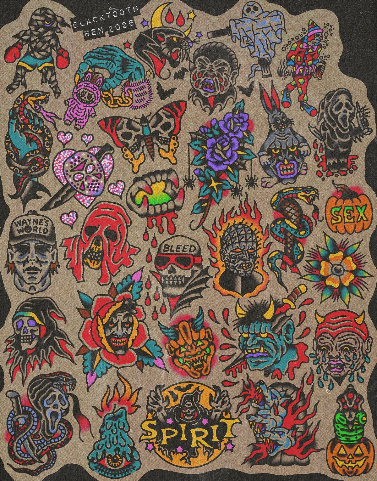Various colorful traditional tattoo designs featuring skulls, snakes, and roses on a dark background.