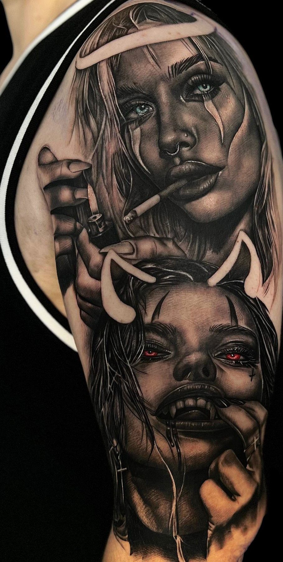 Angel and Demon Tattoo: 8 Photo Ideas for Your Next Ink 6 Black and grey realism tattoo featuring an angel face and a demon face on skin.