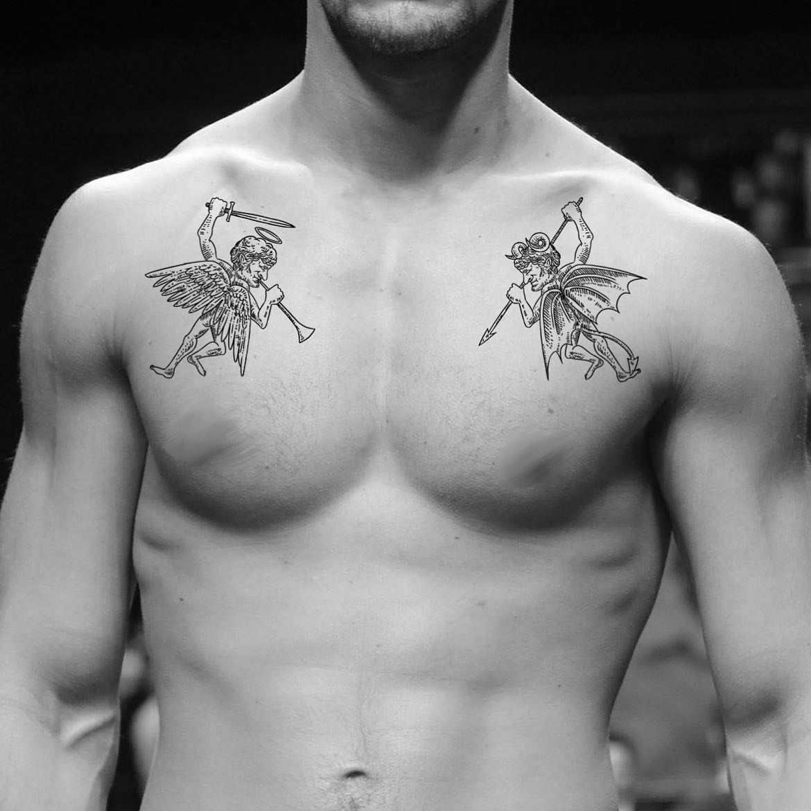 Angel and Demon Tattoo: 8 Photo Ideas for Your Next Ink 8 Man's chest featuring small black ink tattoos of a winged angel and a winged demon.