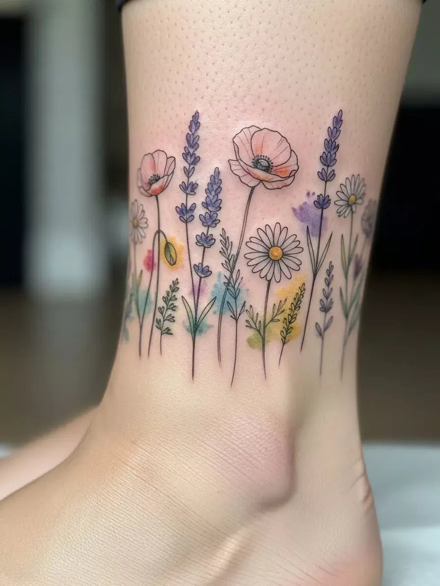 10 Around Ankle Tattoo Ideas That Follow the Body's Line 9 A colorful wildflower tattoo with poppies and lavender wrapped around a person's ankle.