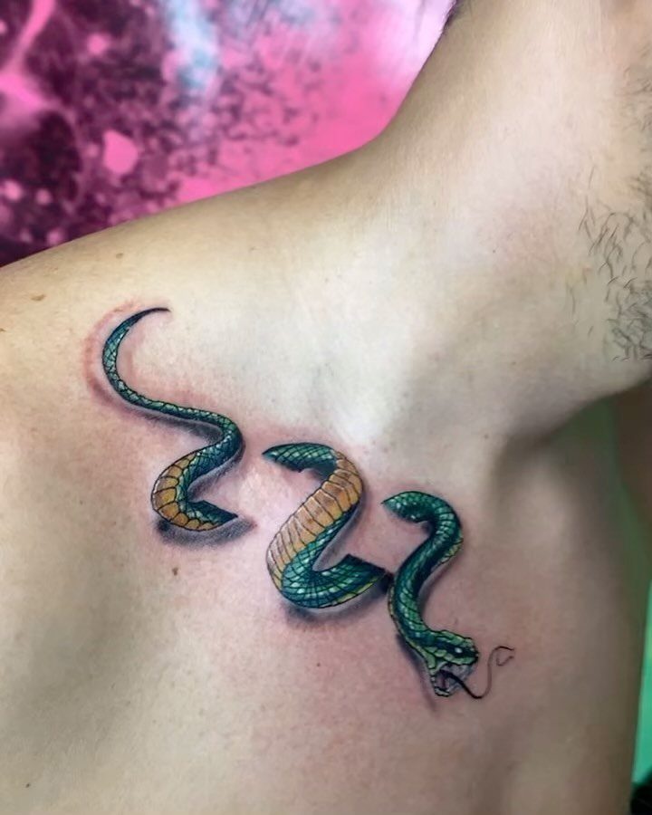 A green and gold snake tattoo winding across a person's collarbone area.