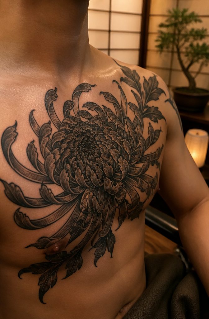 8 Dark Floral Tattoo Ideas: Roses, Peonies, Lotus & More 3 Black chrysanthemum tattoo on chest with rich black and stippling details.