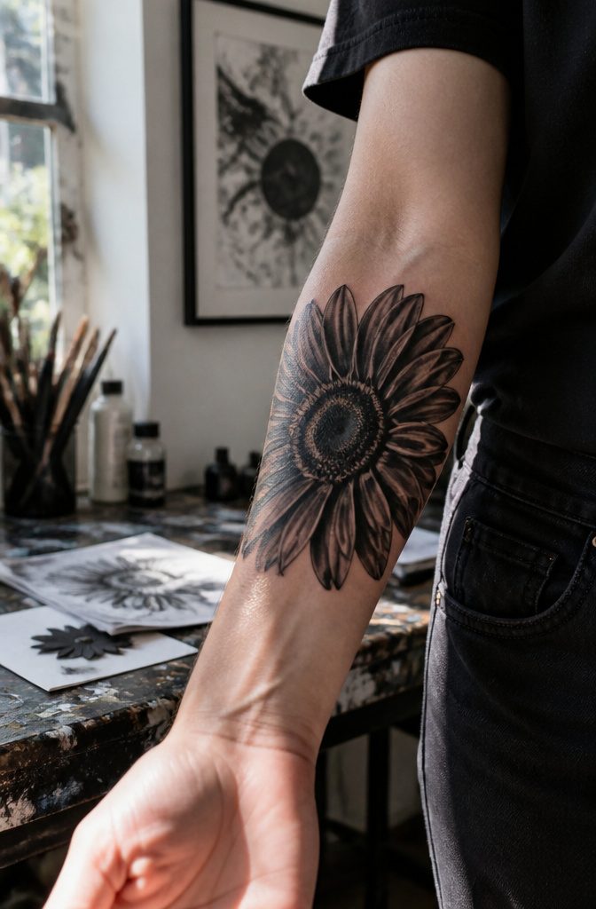 8 Dark Floral Tattoo Ideas: Roses, Peonies, Lotus & More 4 Black gerbera daisy tattoo on forearm with strong central disk and petals.