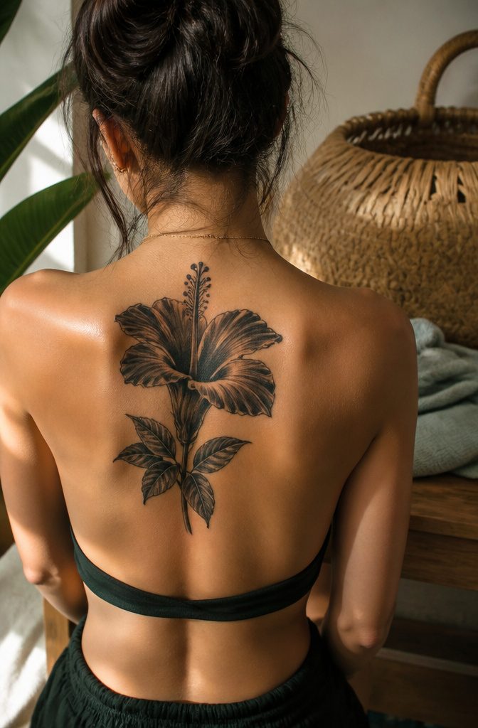 8 Dark Floral Tattoo Ideas: Roses, Peonies, Lotus & More 6 Black hibiscus tattoo on upper back with trumpet shape and shaded depth.