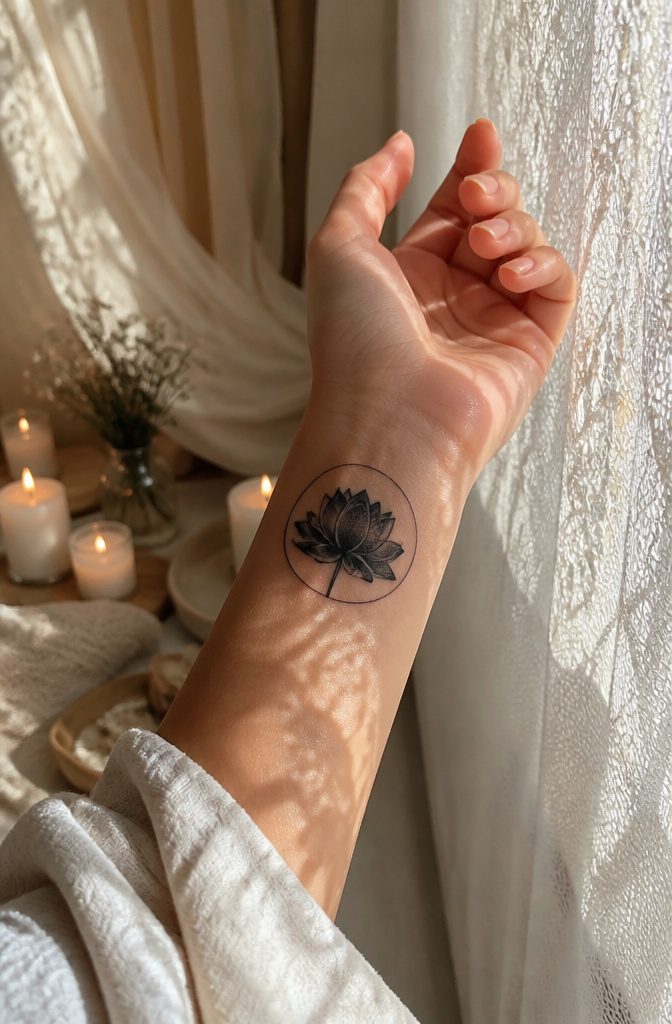 8 Dark Floral Tattoo Ideas: Roses, Peonies, Lotus & More 7 Black lotus flower tattoo on inner wrist with clean circular design.