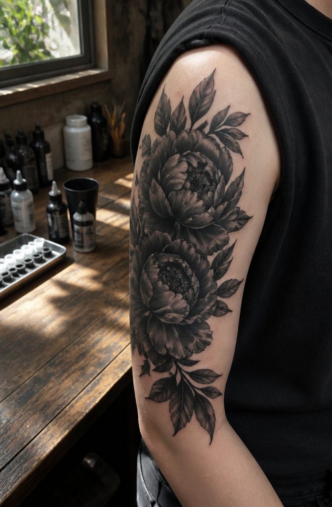 8 Dark Floral Tattoo Ideas: Roses, Peonies, Lotus & More 2 Black peony tattoo on upper arm with layered, ruffled petals.