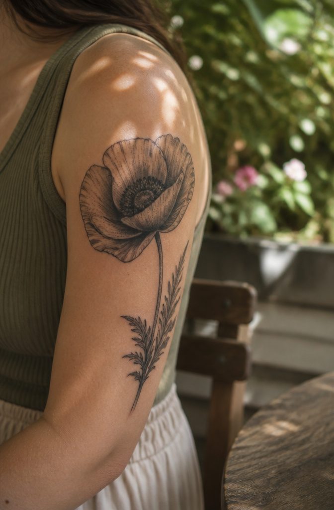 8 Dark Floral Tattoo Ideas: Roses, Peonies, Lotus & More 5 Black poppy tattoo on outer shoulder with intricate petal details.