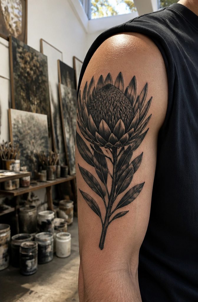 8 Dark Floral Tattoo Ideas: Roses, Peonies, Lotus & More 8 Black protea tattoo on upper arm highlighting its spoon-shaped bracts.