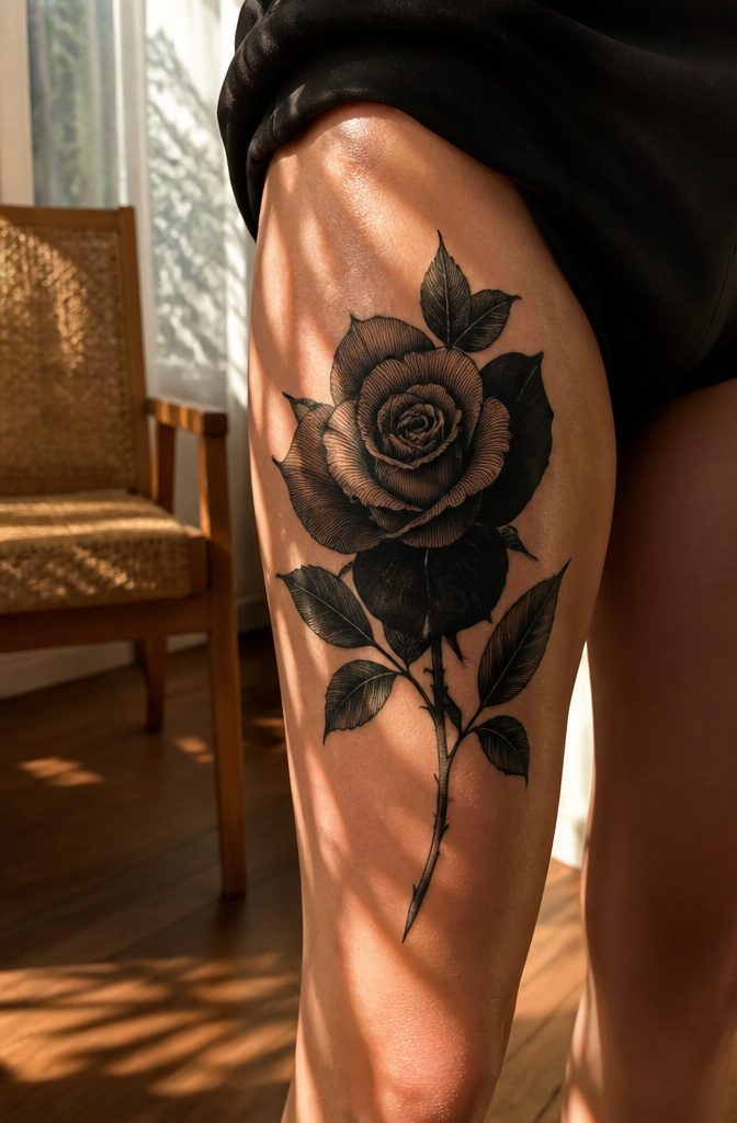 8 Dark Floral Tattoo Ideas: Roses, Peonies, Lotus & More 1 Black rose tattoo with solid ink and delicate linework on outer thigh.