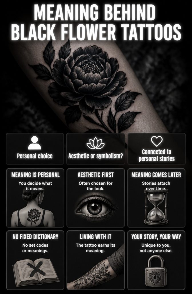 8 Dark Floral Tattoo Ideas: Roses, Peonies, Lotus & More 9 Information image about the meaning behind black flower tattoos.