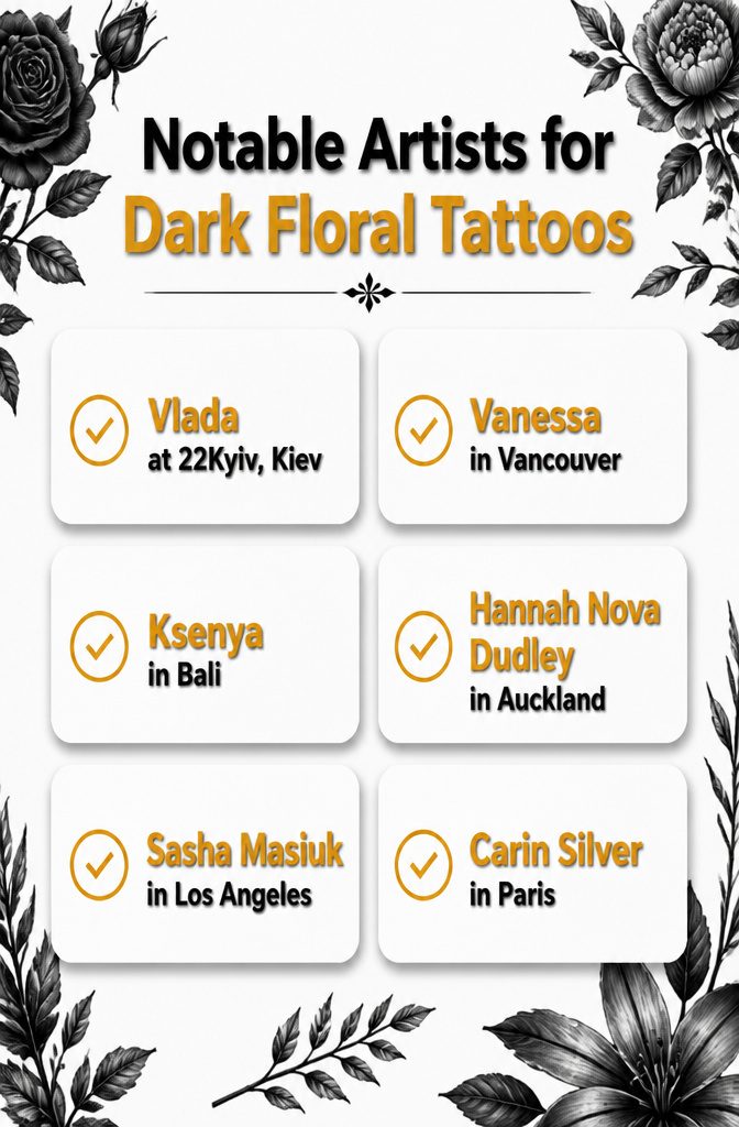 8 Dark Floral Tattoo Ideas: Roses, Peonies, Lotus & More 11 Information image featuring notable artists for dark floral tattoos.