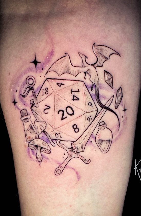 D&D Magic Tattoo Ideas: 9 Designs for Every Player 6 A black and grey tattoo of a d20 die, dragon, sword, and potions with purple shading.