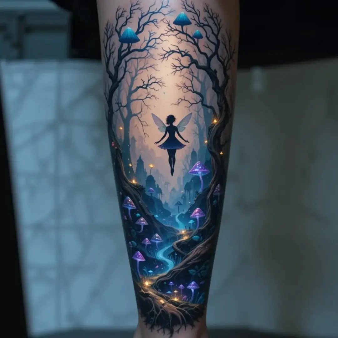D&D Magic Tattoo Ideas: 9 Designs for Every Player 9 A detailed tattoo of a fairy flying through a glowing, enchanted forest with blue mushrooms.