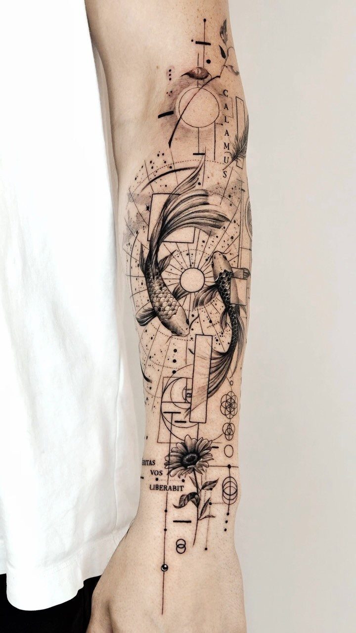 Feminine Fine Line Tattoo: 7 Ideas for Your Next Piece 6 A fine line tattoo on a forearm featuring koi fish, geometric shapes, and a sunflower.