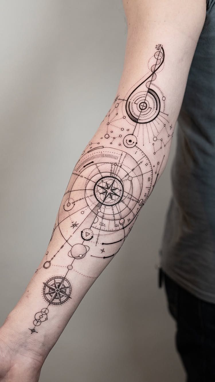 Fine Line Tattoo Sleeve: 10 Ideas With Photos 3 A detailed fine line tattoo sleeve with geometric and celestial patterns on a person's arm.