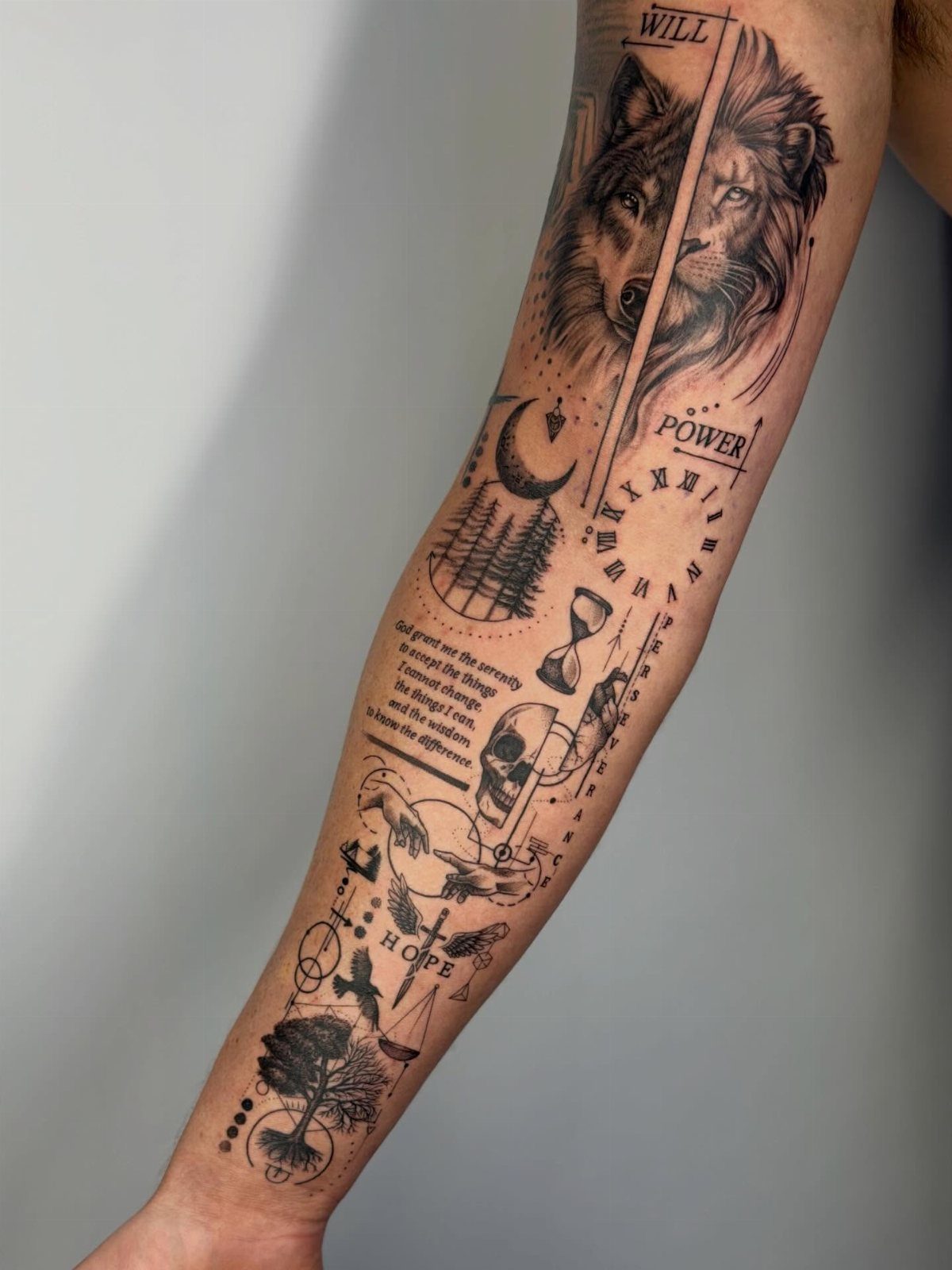 Fine Line Tattoo Sleeve: 10 Ideas With Photos 7 A detailed black ink fine line tattoo sleeve on a person's arm featuring various symbolic illustrations.