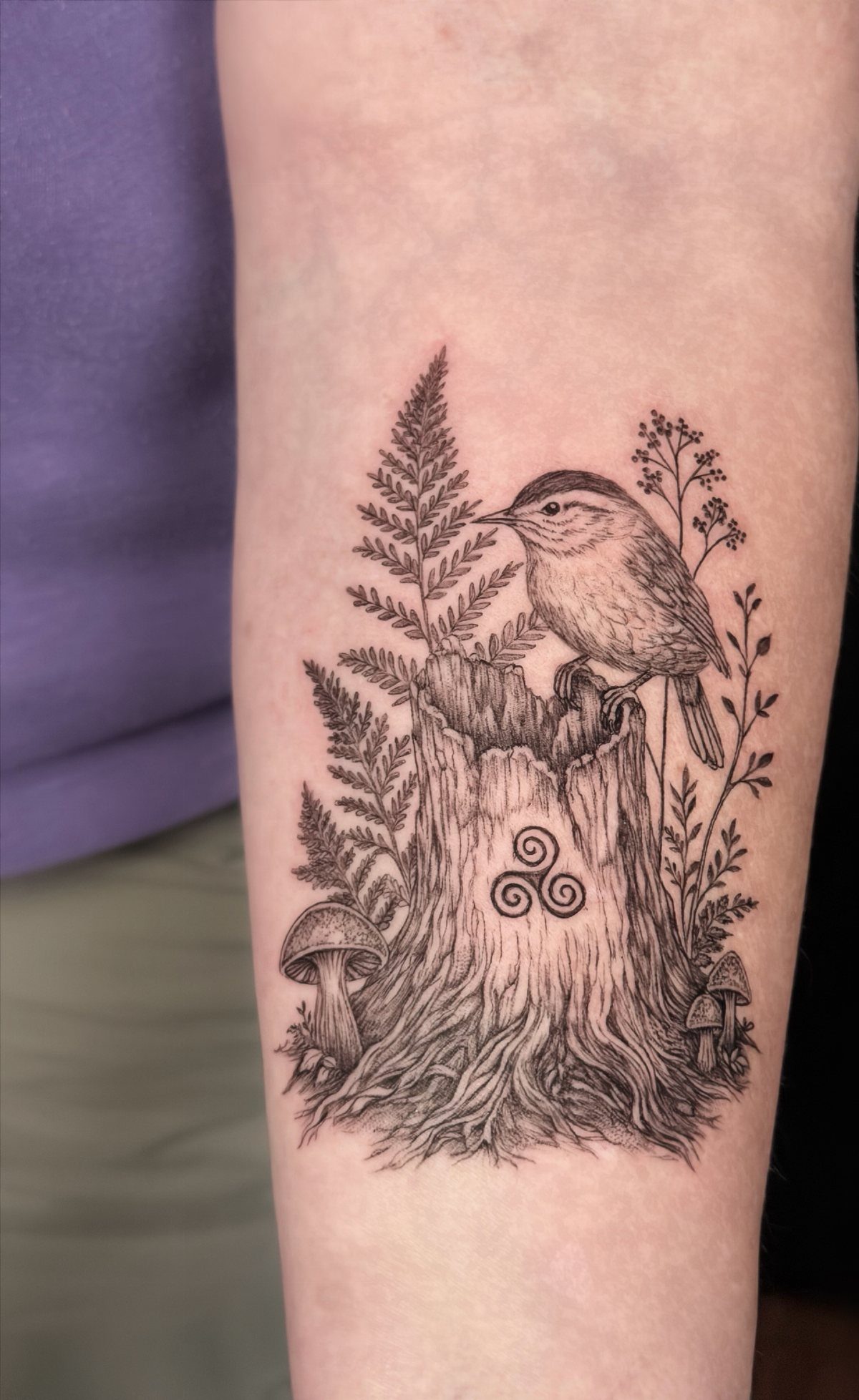 11 Forest Theme Tattoo Ideas: Wolf, Mountain, Sleeve & More 9 A fine line black and grey tattoo of a bird on a tree stump with ferns and mushrooms.