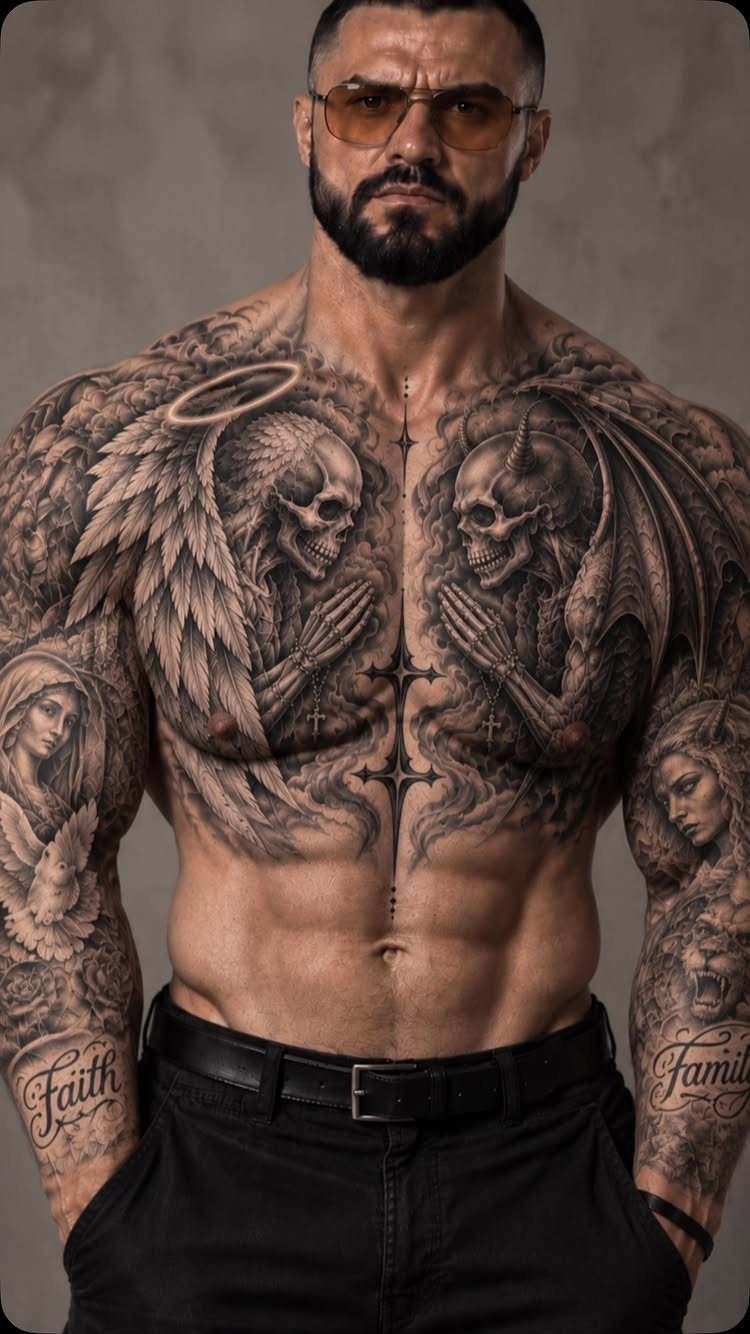 Good vs Evil Tattoo: 8 Designs That Split Skin Between Sides 1 A muscular man displaying large black and grey tattoos of an angel skeleton and a demon skeleton.