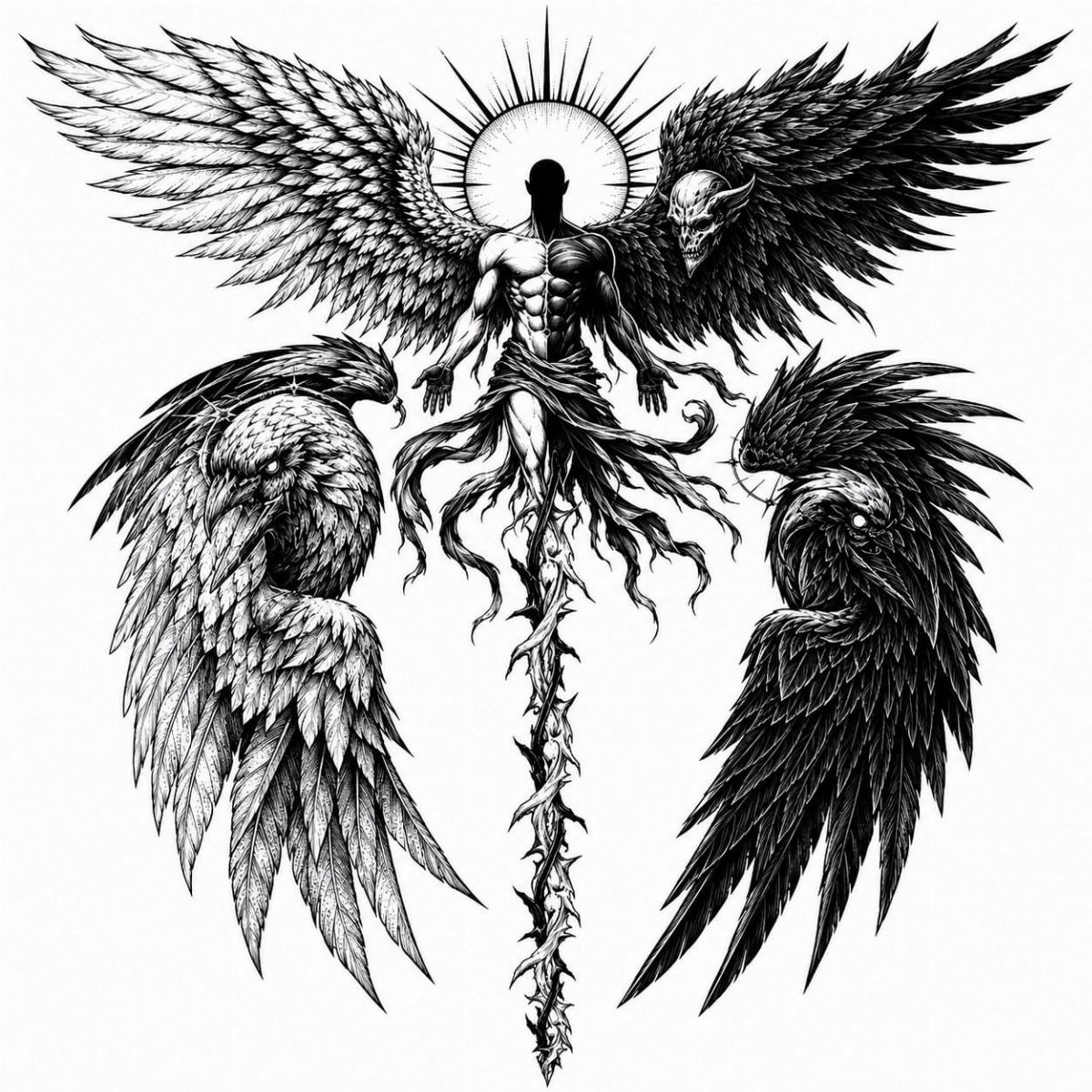 Good vs Evil Tattoo: 8 Designs That Split Skin Between Sides 7 Black and white ink drawing of a winged figure flanked by two large birds with contrasting light and dark feathers.