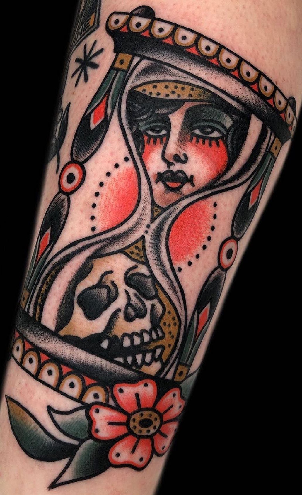 Hour Glass Tattoo Ideas: 12 Designs for Every Style 3 An American traditional hourglass tattoo featuring a woman's face and a skull on skin.