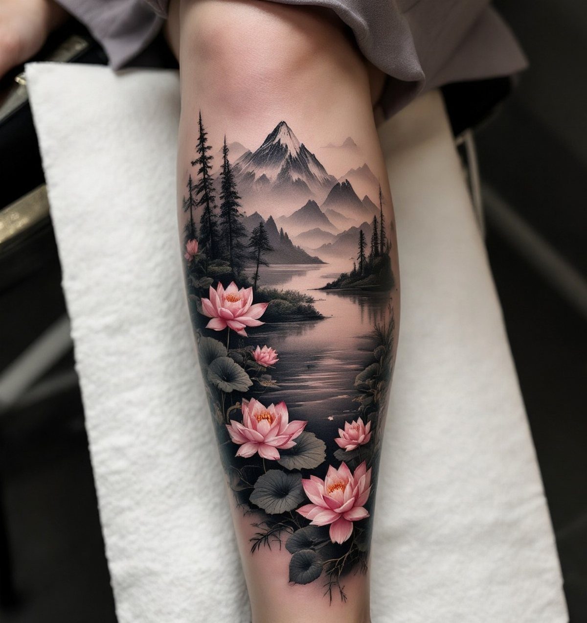 A detailed leg tattoo depicting mountains, pine trees, a lake, and pink lotus flowers.