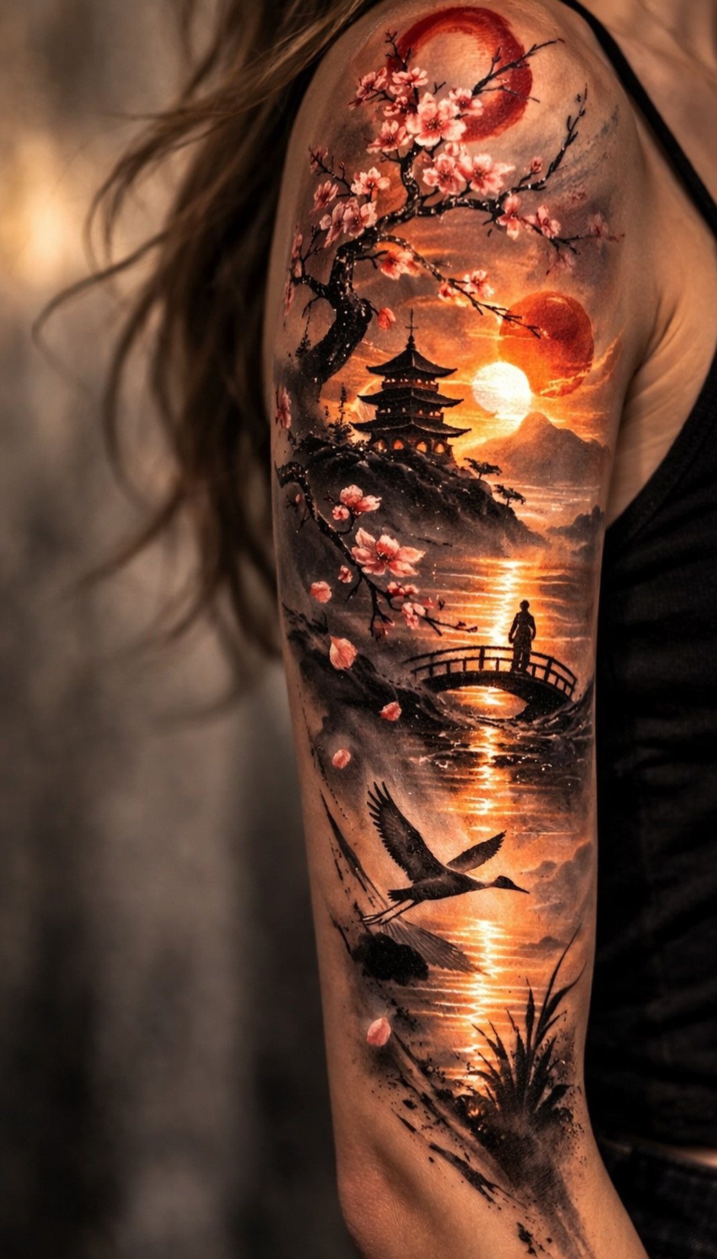 A detailed arm tattoo depicting a Japanese landscape with a pagoda, cherry blossoms, and a bridge.