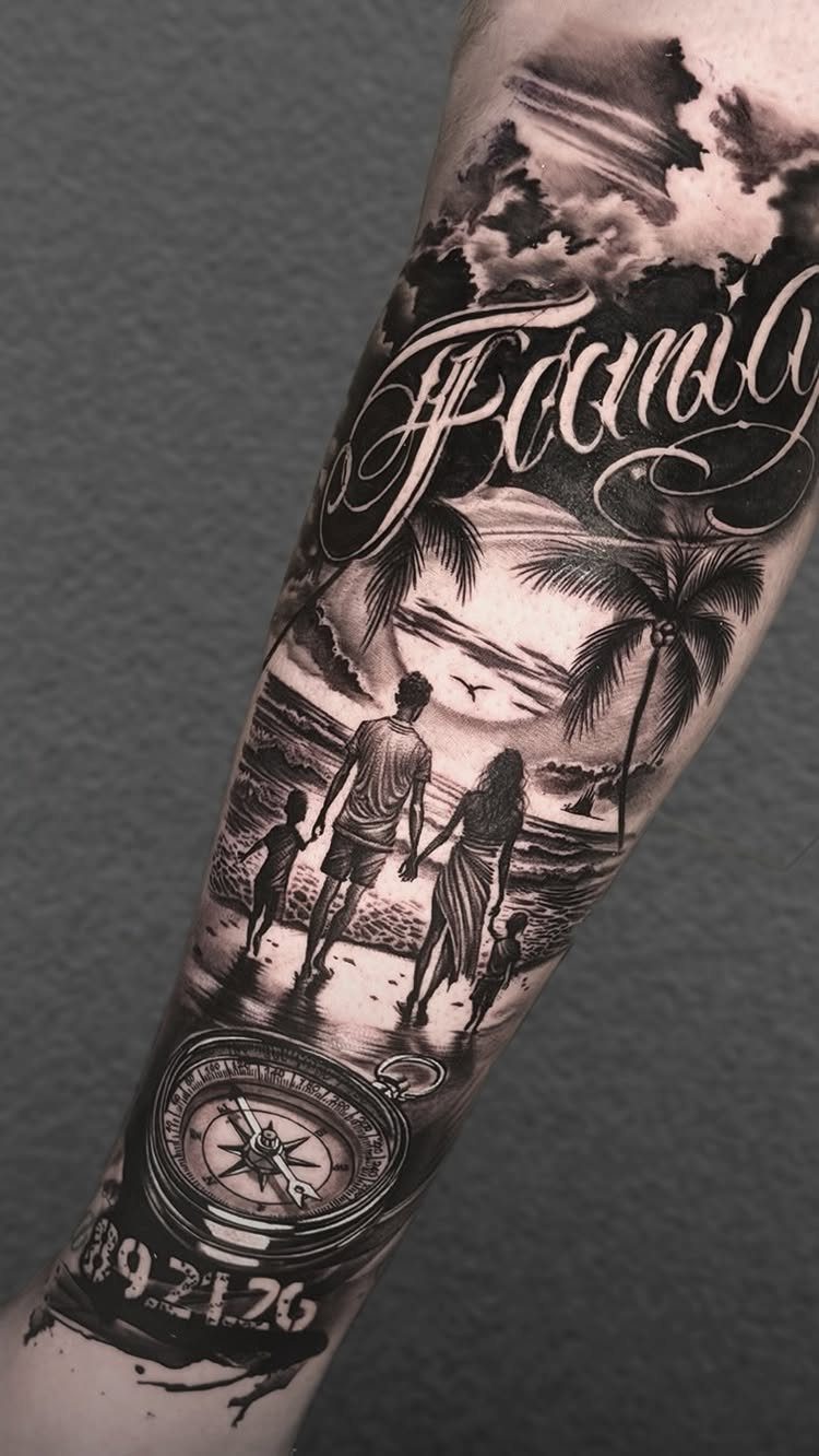 A black and grey realism tattoo on an arm showing a beach scene with palm trees and silhouettes.
