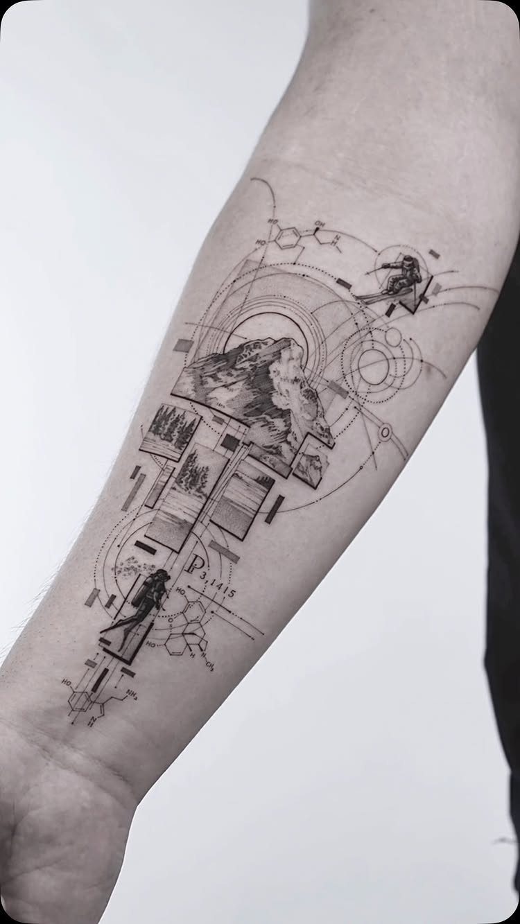 A geometric landscape tattoo on a forearm featuring mountains, trees, and circular line work.