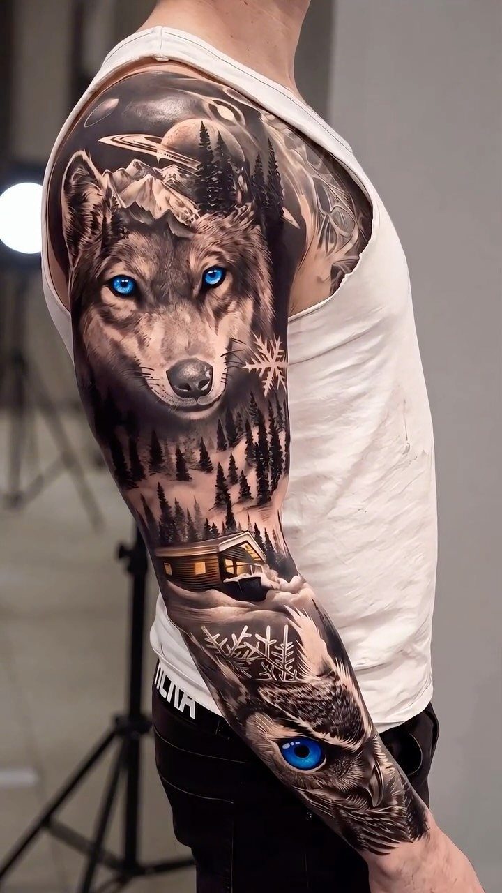 A detailed black and grey sleeve tattoo featuring a wolf, forest, cabin, and owl.