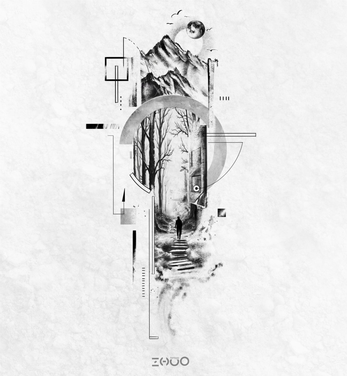 Surreal black and white landscape design featuring mountains, a forest, and geometric shapes.