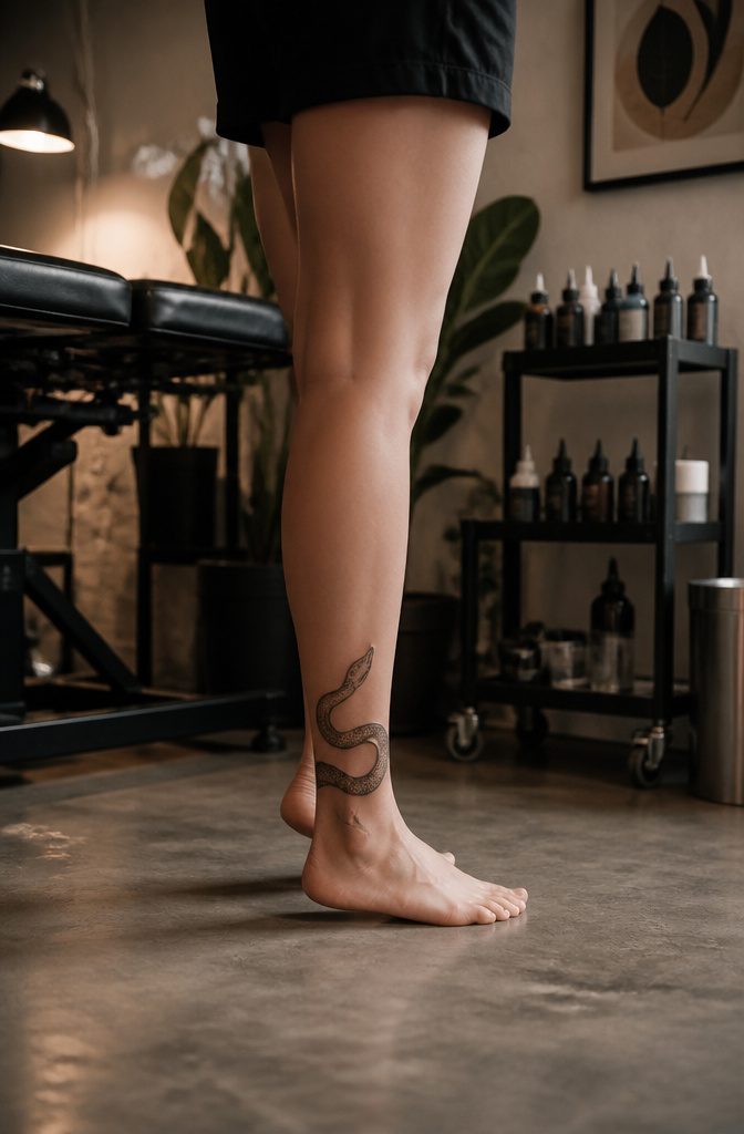 10 Leg Snake Tattoo Ideas From Classic to Custom 10 A snake tattoo wrapping around the ankle of a person's leg.
