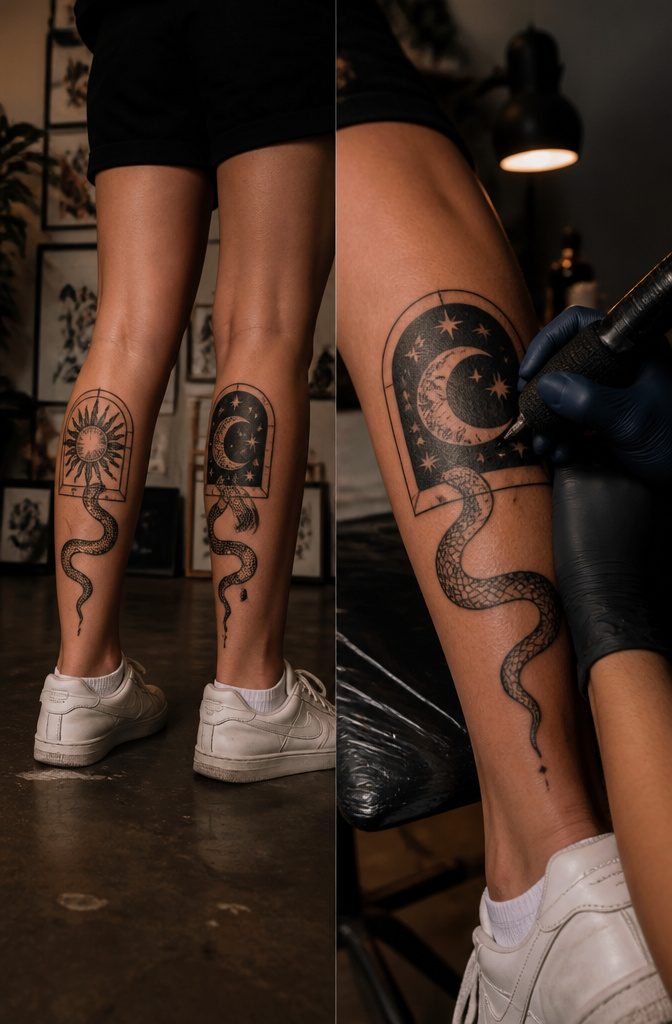 10 Leg Snake Tattoo Ideas From Classic to Custom 1 A tattoo of a snake connecting sun and moon images on both legs.