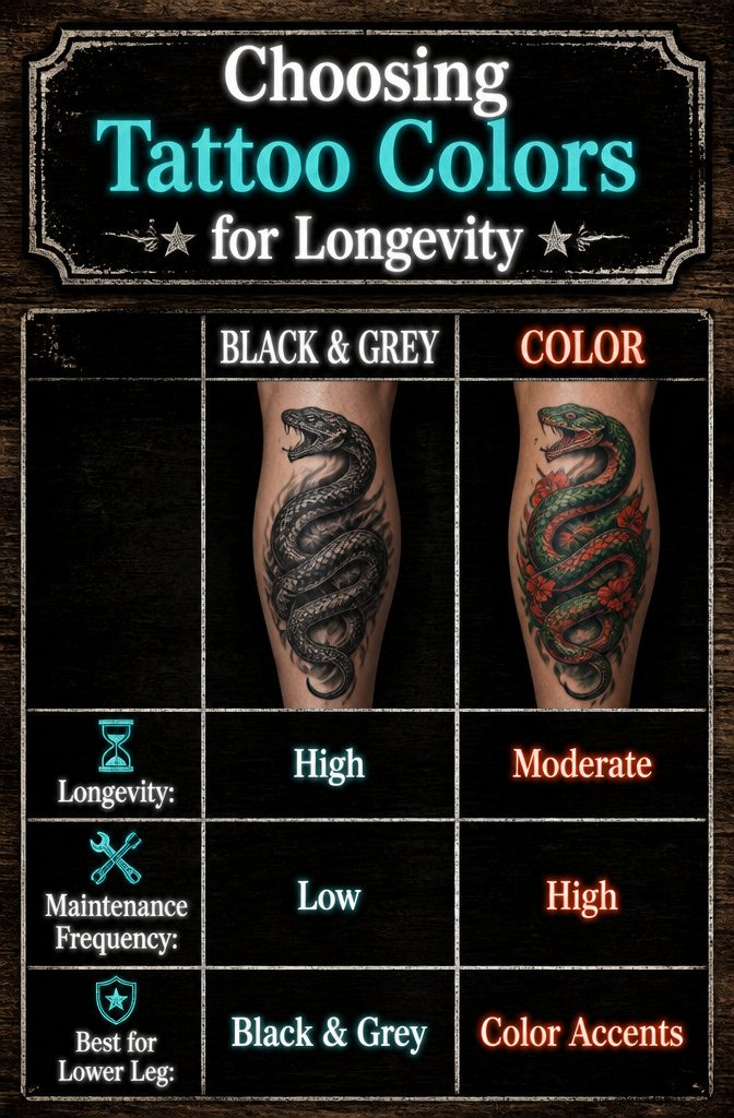 10 Leg Snake Tattoo Ideas From Classic to Custom 13 Infographic on choosing tattoo colors for longevity on leg tattoos.