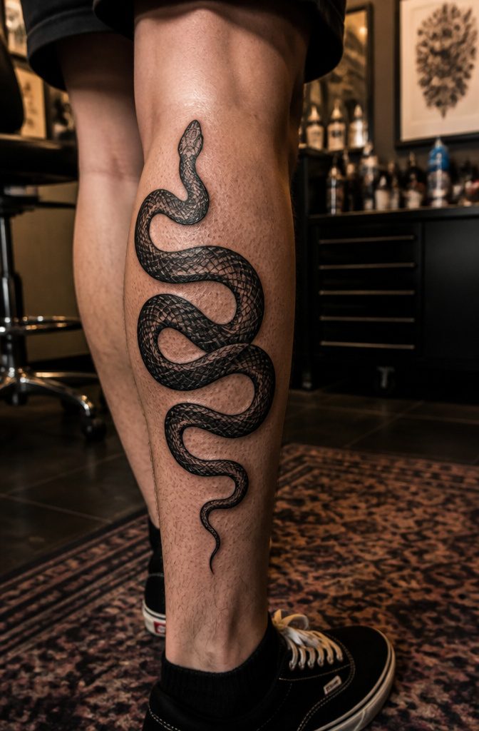 10 Leg Snake Tattoo Ideas From Classic to Custom 7 A black snake tattoo with intricate details on a person's calf.