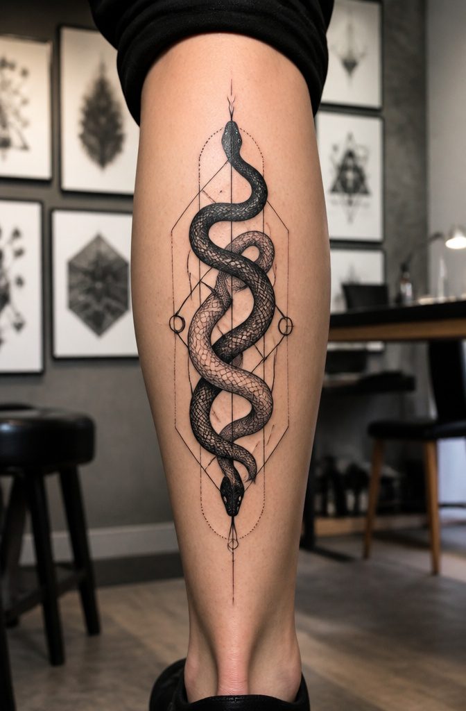 10 Leg Snake Tattoo Ideas From Classic to Custom 4 Tattoo of two snakes winding together with geometric designs.