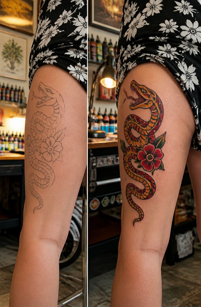 10 Leg Snake Tattoo Ideas From Classic to Custom 8 A colorful retro snake tattoo with strong lines on a leg.