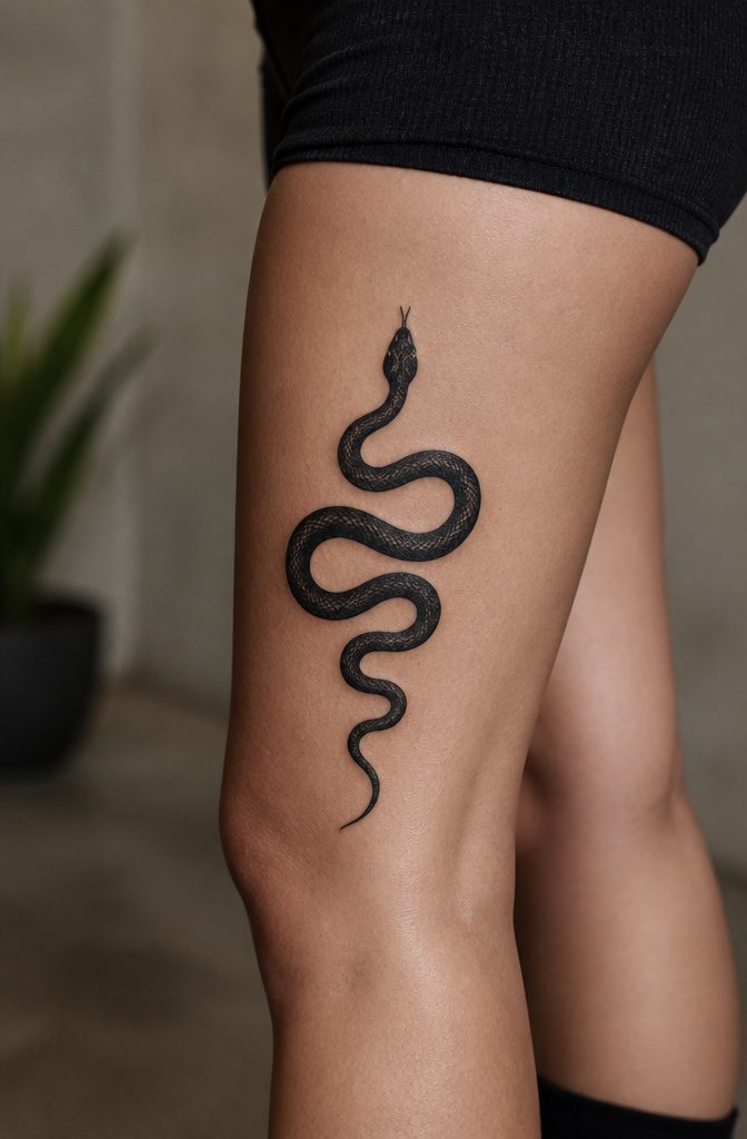 10 Leg Snake Tattoo Ideas From Classic to Custom 5 A basic black snake tattoo shown on a leg.