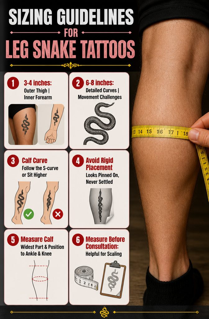 10 Leg Snake Tattoo Ideas From Classic to Custom 12 Infographic showing sizing guidelines for leg snake tattoos.