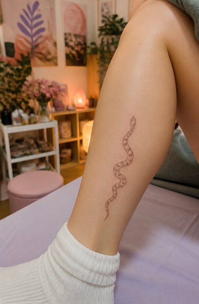 10 Leg Snake Tattoo Ideas From Classic to Custom 9 A delicate snake tattoo featuring heart patterns on a leg.