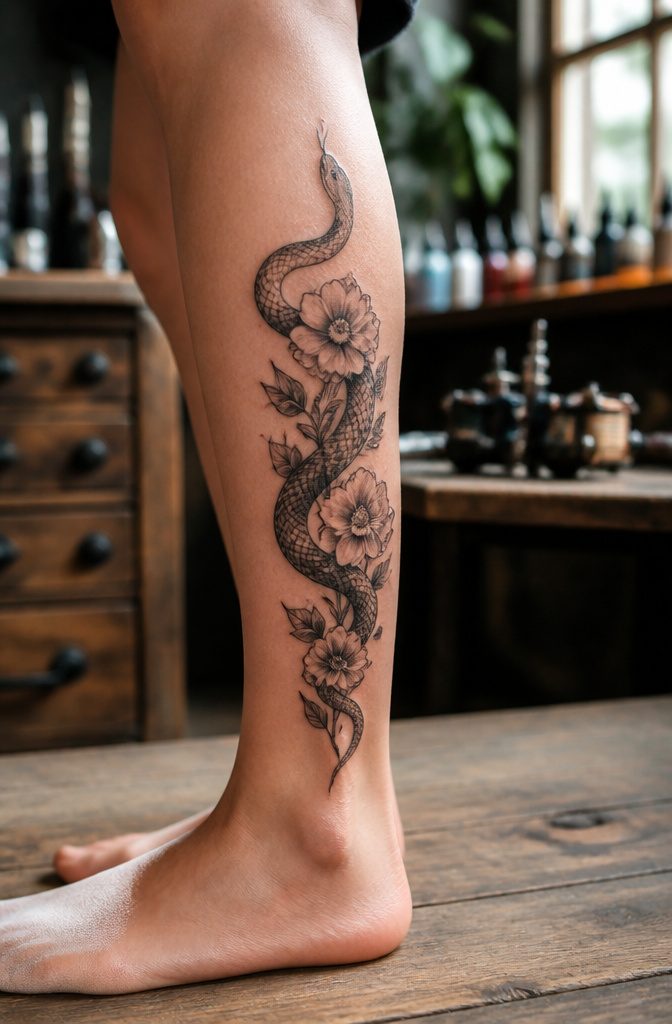 10 Leg Snake Tattoo Ideas From Classic to Custom 3 A snake and flower tattoo design on a person's leg.