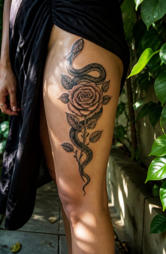 10 Leg Snake Tattoo Ideas From Classic to Custom 6 Tattoo of a snake wrapped around a rose on a model's thigh.