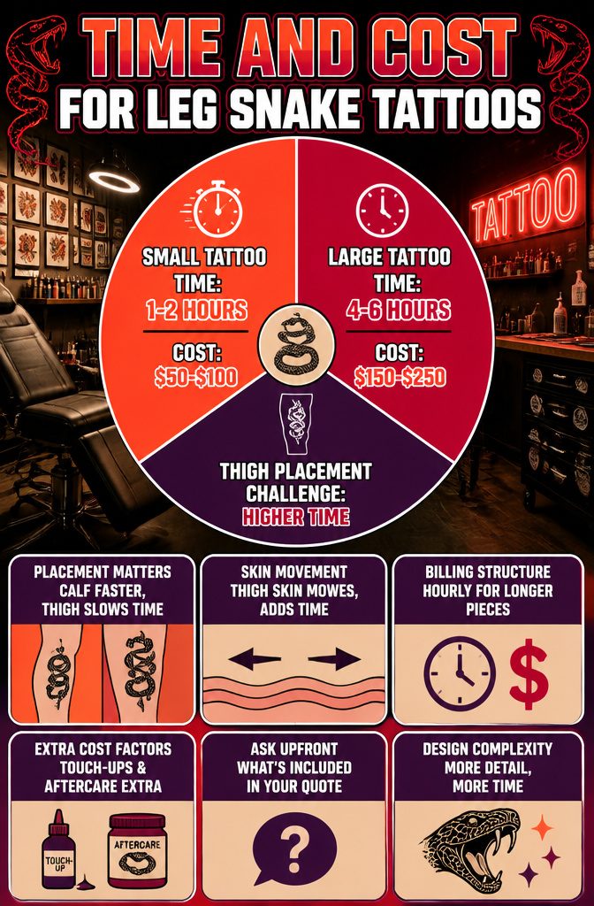 10 Leg Snake Tattoo Ideas From Classic to Custom 14 Infographic detailing time and cost for leg snake tattoos.