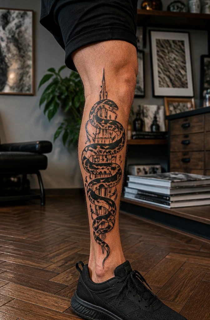 10 Leg Snake Tattoo Ideas From Classic to Custom 2 A tribal snake tattoo wrapped around a throne on a model's calf.