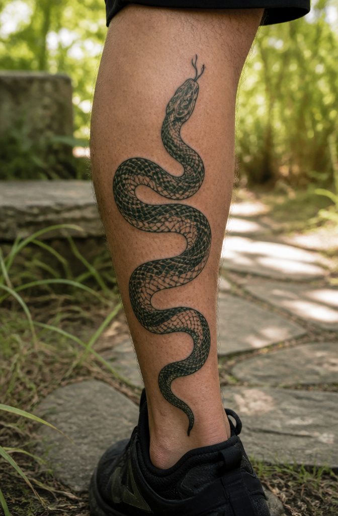 10 Leg Snake Tattoo Ideas From Classic to Custom 15 A snake tattoo coiled on a calf, emphasizing transformation.