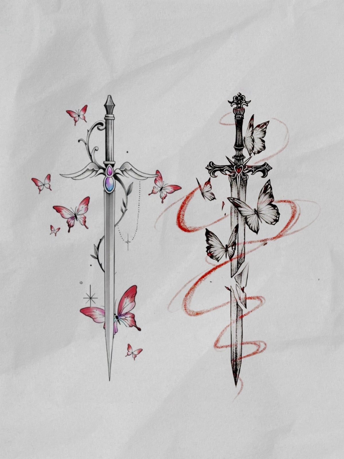 5 Leg Tattoo Template Ideas: From Printable to Full Leg Sleeve 5 Two vertical sword tattoo designs decorated with butterflies and swirling lines on textured paper.