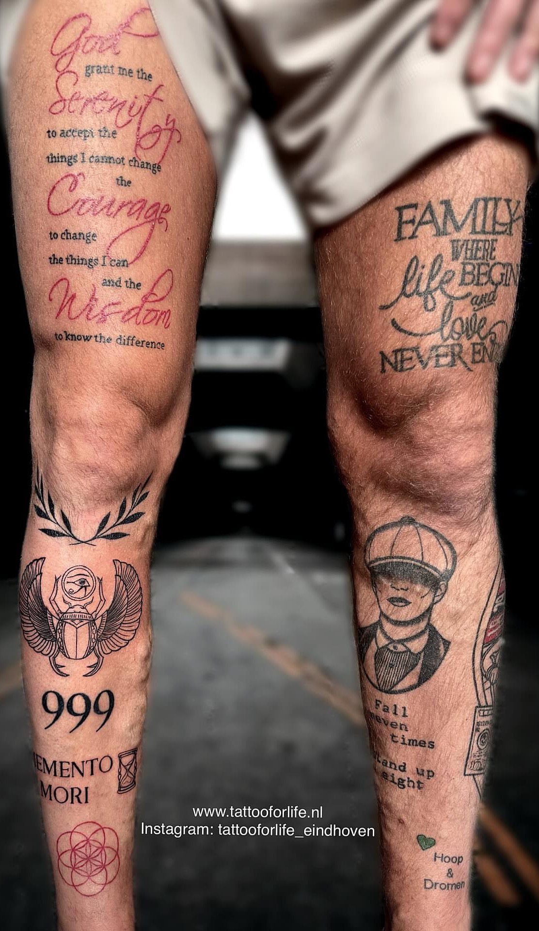 Man Leg Tattoo: 8 Styles That Fill the Canvas From Hip to Ankle 5 Close-up of a person's legs covered in various black and red ink tattoos.