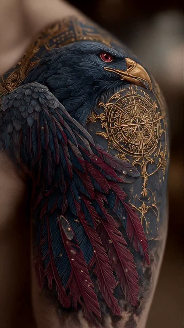 Detailed eagle tattoo with gold filigree and compass patterns on a person's shoulder.
