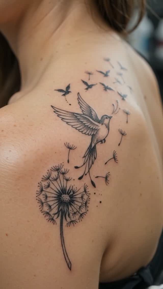 14 Minimalist Tattoo Design Ideas That Stay Simple and Clean 13 A black ink tattoo of a dandelion releasing seeds that turn into flying birds on a shoulder.