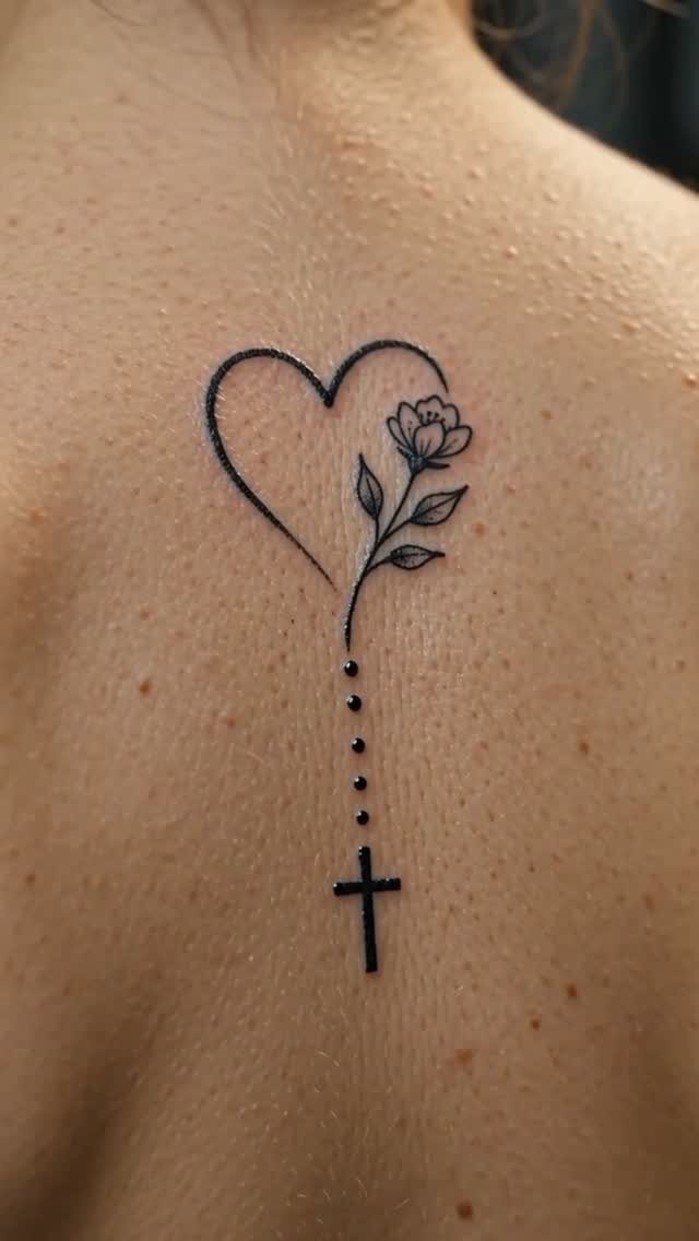 14 Minimalist Tattoo Design Ideas That Stay Simple and Clean 14 A minimalist black ink tattoo of a heart, flower, and cross on skin.