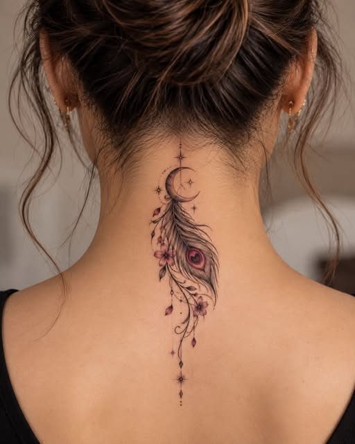 7 Neck Tattoo Designs for Women That Actually Fit the Narrow Canvas 7 A crescent moon and feather tattoo with pink flowers on a woman's neck.